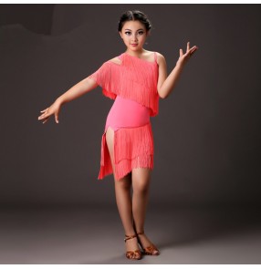 Neon fluorescent orange coral colored inclined  shoulder competiiton professional performance girls kids children fringes latin salsa cha cha dance dresses outfits